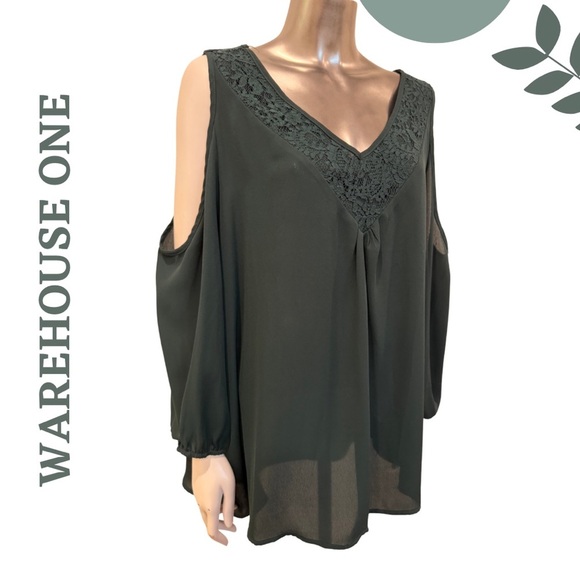🛍️3/$40 Warehouse One Green Cold Shoulder Blouse Long Sleeve – Plus Size XXXL - Picture 2 of 5